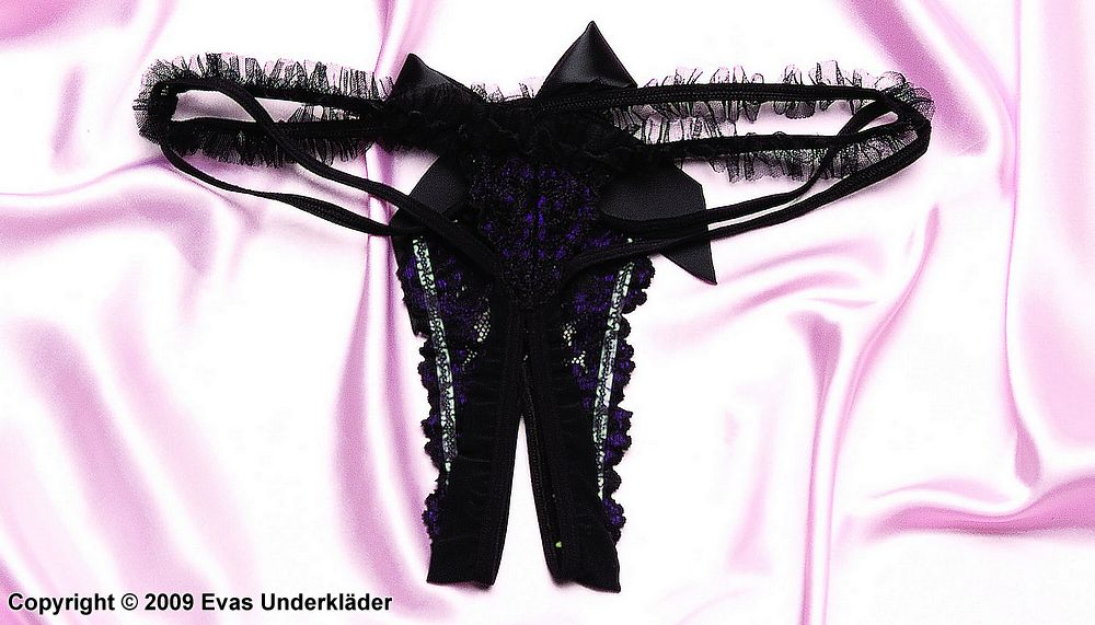 Thong panty with ruffled mesh trim and open front